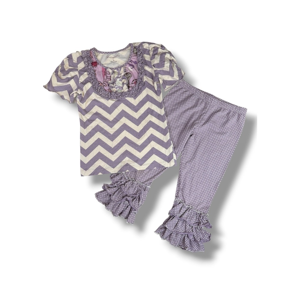 Mustard Pie Girls Purple Chevron Ruffle Top and Polka Dot Leggings Set Size 6